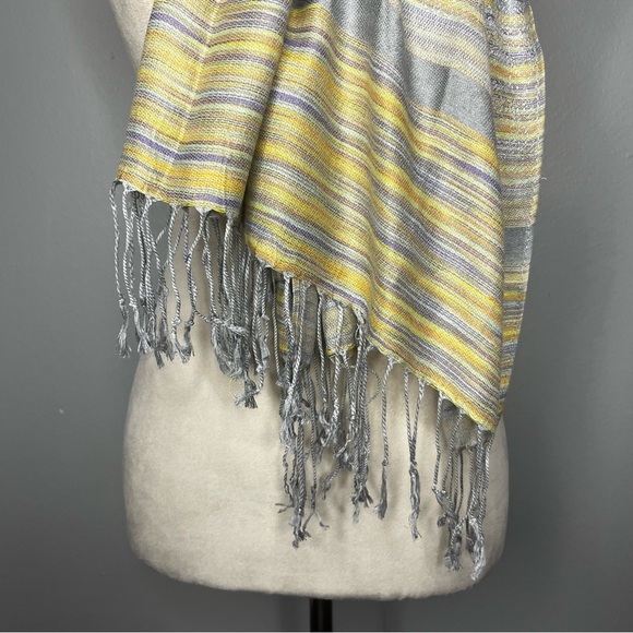 Pashmina Scarf Shawl Wrap Tassels Blue Gray Yellow Striped 71”x28” Fashion - Picture 3 of 7